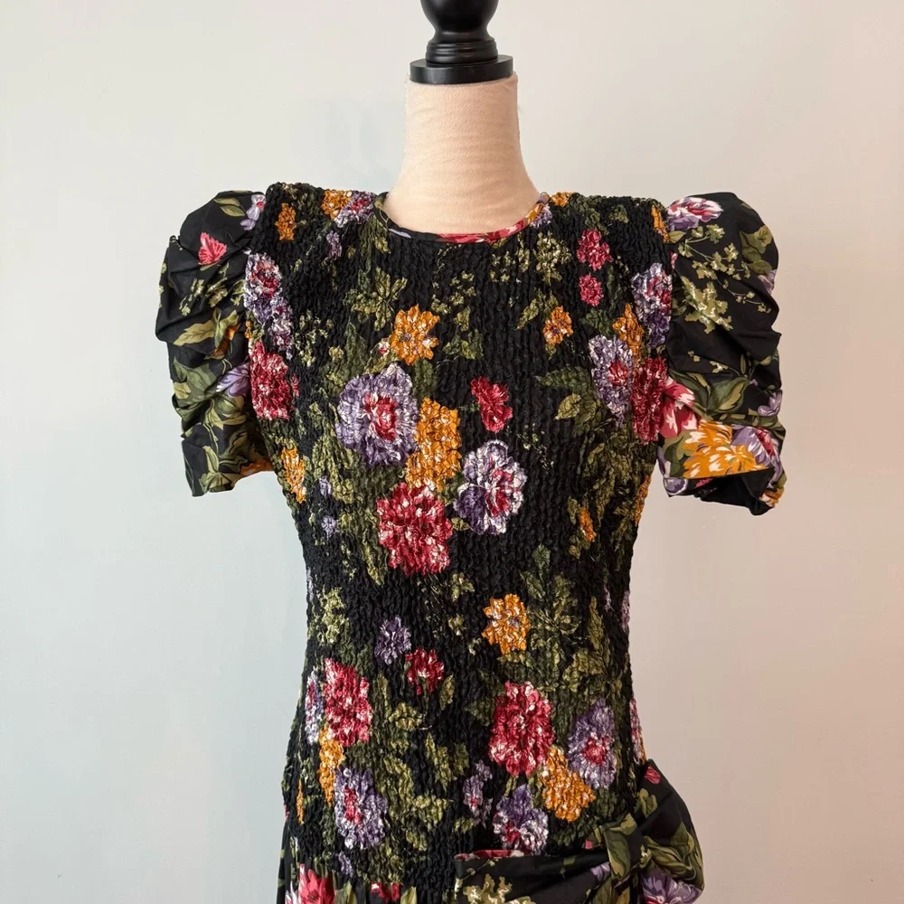 🌸🌼Phoebe Petite Black Floral Smocked Dress Drop Waist Bow Puff Sleeve Romantic - Picture 2 of 14